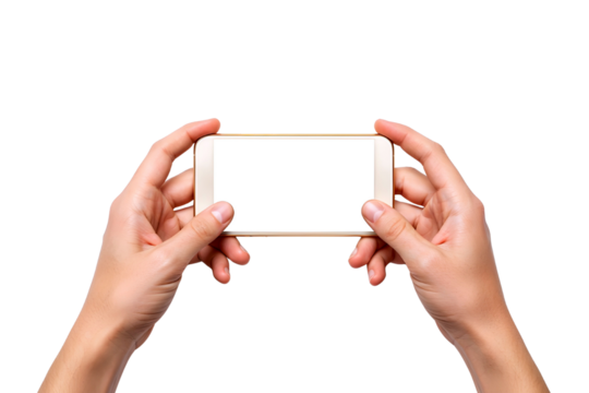 Hands holding a white smartphone horizontally in landscape mode isolated on transparent background