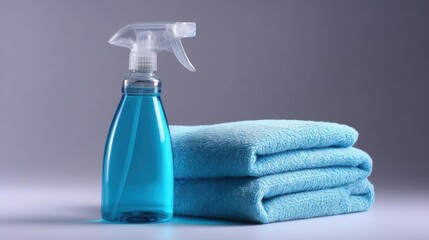 Blue spray bottle with a white trigger on top. next to the bottle, there is a stack of folded blue towels. the background is a plain grey color.