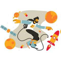 Astronaut Floating In Space Surrounded By Planets Rockets And Satellites With A Transparent Background