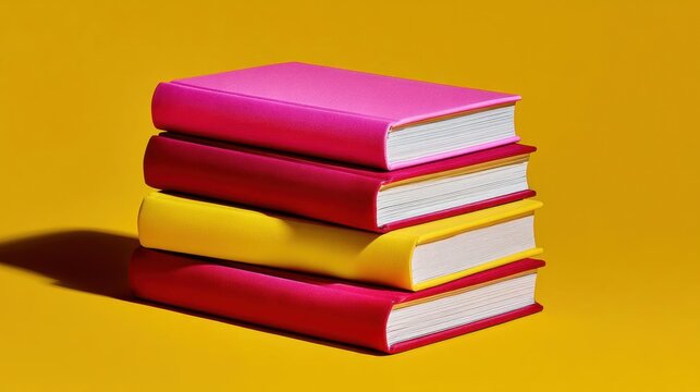 Stack of three books on a bright yellow background. the books are arranged in a horizontal manner, with the top book being the largest and the bottom two being the smallest.