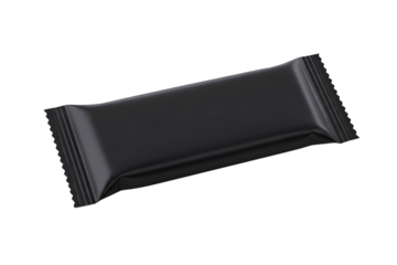 A dark grey rectangular candy bar wrapper with crimped edges isolated on transparent background