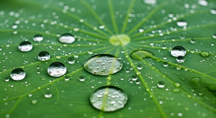 Macro photography of green leaf with water drops nature background fresh dew on plant close up detail shot .