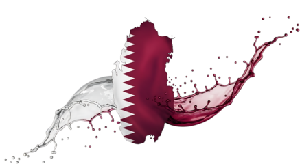 Qatars unique geographical shape, isolated on transparent background, is artistically portrayed with the national flags colors merging into dynamic liquid splashes, symbolizing the nations spirit and 