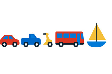 Naklejka premium Simple colorful set of transportation vehicles including car truck scooter bus and sailboat