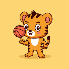 Adorable Cartoon Tiger Cub With Orange Basketball Spinning On Finger Isolated On Yellow Background Pixel Art Style