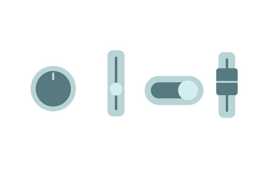 Modern user interface controls set featuring rotary knob, vertical slider, toggle switch, and fader elements