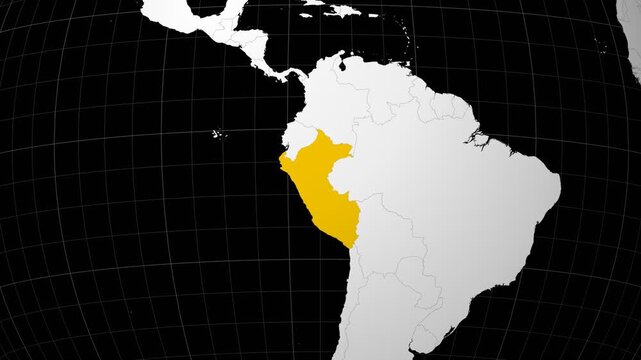 Peru map. Animated zoom into the country on the Globe in Black White color palette. Country logo animation. Map with meridians, parallels. Elegant video.