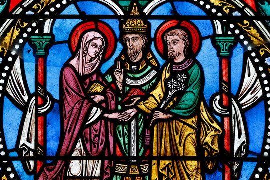 Collegiate Church of Saint Peter. Stained glass. The Marriage of the Virgin with Joseph.  Le Dorat. France.