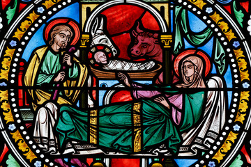 Collegiate Church of Saint Peter. Stained glass. Nativity of Jesus. Le Dorat. France.