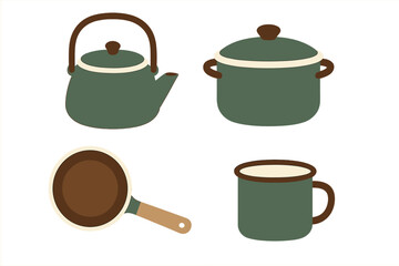 Vintage camping kitchen equipment set with kettle, cooking pot, frying pan, and enamel mug
