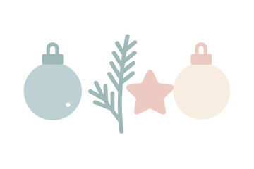 Obraz premium Simple festive arrangement of holiday ornaments including baubles, star, and evergreen branch in gentle colors