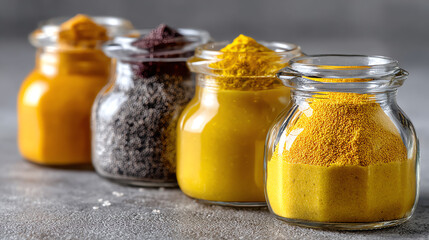 Spices in Jars: A vibrant selection of colorful spices, each in its own elegant glass jar, creates an inviting scene, suggesting culinary possibilities.