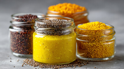 Mustard and Spices Array: A close-up perspective showcasing a vibrant selection of mustard and spices, meticulously arranged in transparent jars, with each holding a unique color and texture.