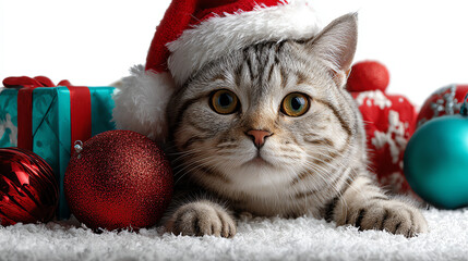 Christmas Cat's Holiday Cheer: A charming domestic cat, adorned in a festive hat, is nestled amidst a collection of vibrant Christmas ornaments and gifts.