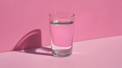 Glass of water on a pink background. the glass is tall and slender with a round base and a narrow neck. it is filled to the brim with clear water and appears to be empty.