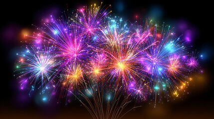 Celestial Symphony of Lights: A vibrant and colorful fireworks display illuminates the night sky, painting it with radiant bursts of light and explosive beauty. 