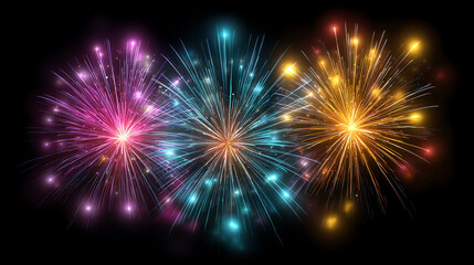 Colorful Fireworks Display: A mesmerizing array of vibrant fireworks bursts against a stark black backdrop, showcasing a spectacular celebration of light and color.