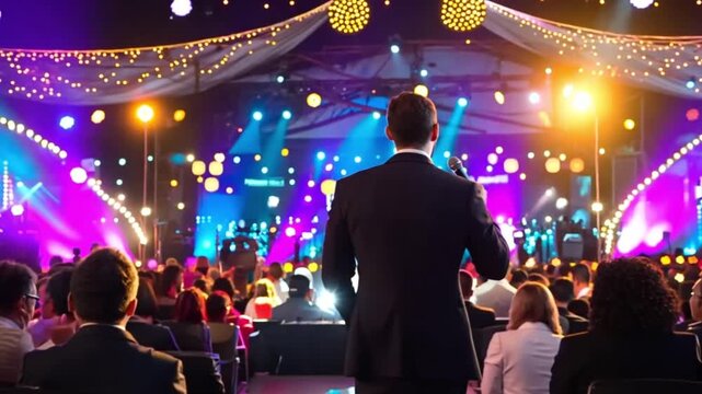 Speaker at large conference, bright lights, audience, event