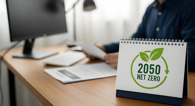 An inspiring reminder of the net zero 2050 goal displayed on a desk calendar encourages sustainable business practices and environmental responsibility.