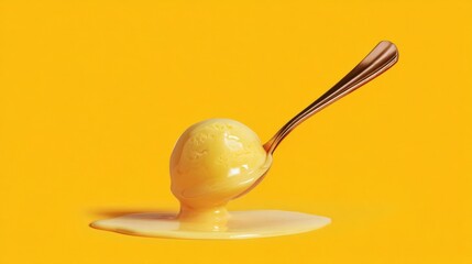 Scoop of vanilla ice cream on a spoon. the spoon is made of stainless steel and has a shiny finish. the ice cream is a pale yellow color and appears to be freshly scooped.