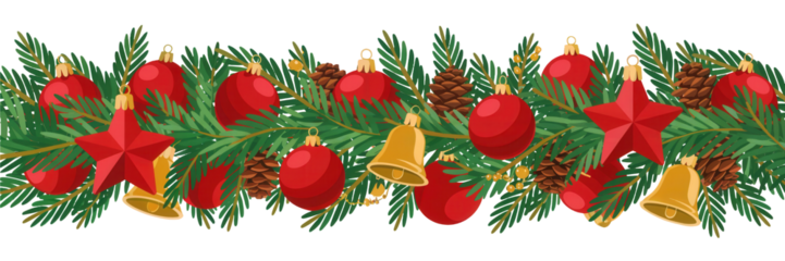 Festive christmas garland with red baubles pinecones stars and golden bells isolated on transparent background