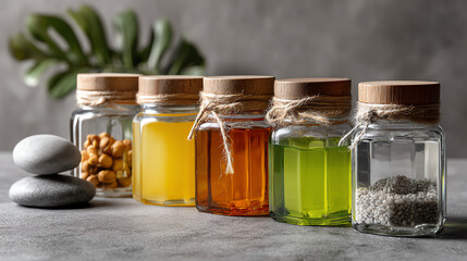 Spa-Inspired Wellness Jars: A collection of apothecary jars filled with colorful, natural ingredients, stones and green leaf, set against a textured background.