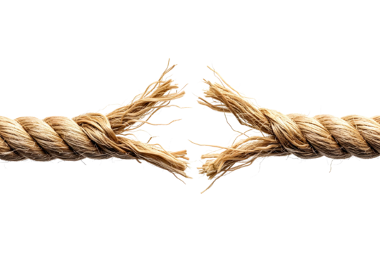 Close up of a thick natural fiber rope fraying and breaking apart isolated on transparent background
