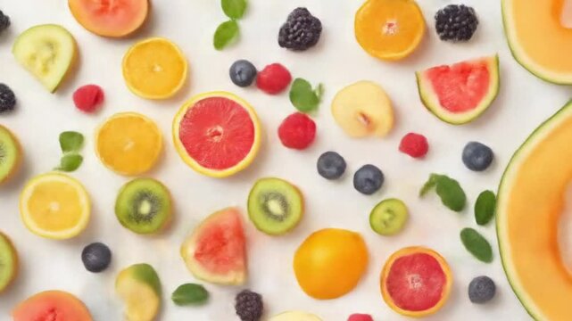 Assortment of fresh fruit slices on a white background overhead view