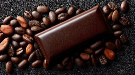 Cocoa Delight: An overhead shot captures a rectangular bar of dark chocolate resting atop a bed of rich cocoa beans, creating a visually appealing arrangement with various shades of brown.