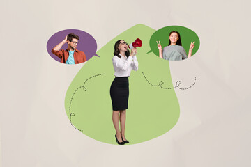 3d poster image full pop art collage of happy girl guy hold laptop phone type distance message communication chat icon phrase