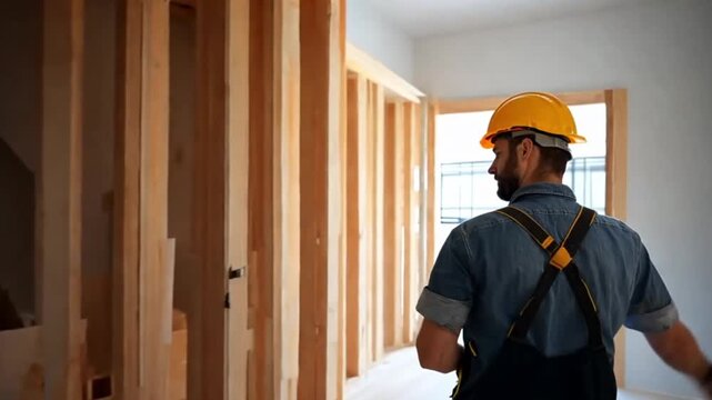 Construction worker inspecting interior framing, under renovation