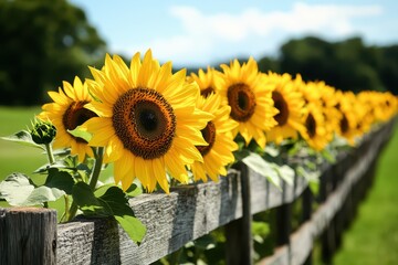 Yellow sunflowers blooming along a wooden fence, basking in the sun on a bright summer day with blue sky and green grass.