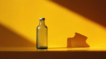 Small glass bottle with a silver cap sitting on a yellow surface. the bottle is empty and appears to be made of glass.