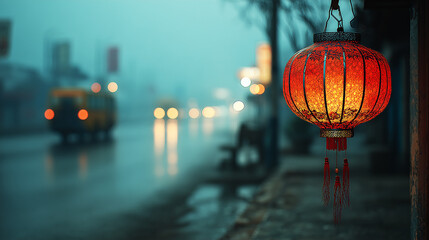 A red Chinese lantern glows warmly against an evening street background with blurred city lights.
