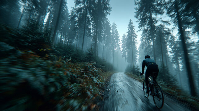A lone cyclist rides a winding foggy road, surrounded by tall fir trees and damp shadows.
