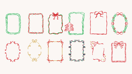 christmas hand drawn frame collection with festive doodle borders in red green gold and blue decorated with bows trees and ornaments perfect for greeting cards invitations posters and holiday design