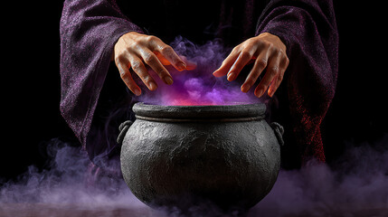 Mystical Brew: Enigmatic hands hover over a bubbling cauldron filled with a mysterious, colorful concoction, surrounded by swirling vapor. An atmosphere of intrigue and fantasy.