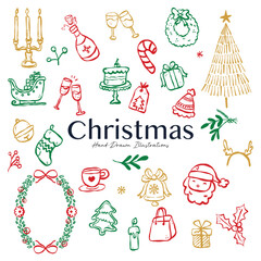hand drawn christmas doodle illustration set with festive icons including santa gifts wreath cake sleigh stockings and ornaments in red green and gold perfect for cards packaging and holiday graphics