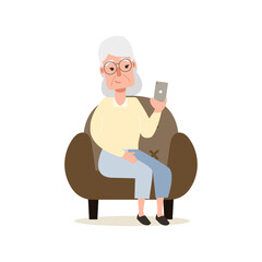 Elderly Woman With Gray Hair Wearing Glasses And A Light Yellow Sweater Sitting In A Brown Armchair Holding A Smartphone Capturing A Selfie With A Slight Smile And Soft Natural Lighting.