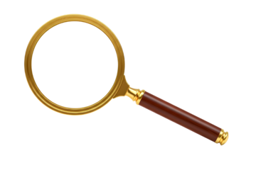 Antique brass magnifying glass with dark wood handle isolated on transparent background