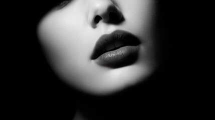 Close-up black and white portrait of a woman's face. the focus is on her lips, which are slightly parted and her lips are slightly curled. her eyes are closed, and her nose is slightly upturned.