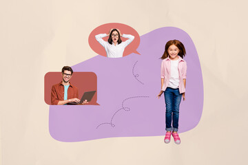 Image poster trend collage of happy small kid girl parent dad mother woman man bubble communication chatterbox speech tell