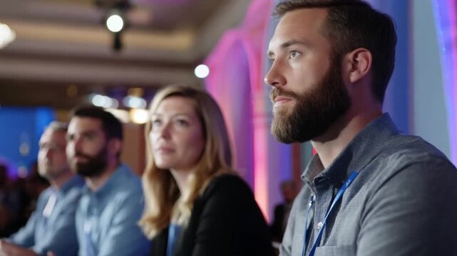 Attendees at a business conference listening intently. Possible stock photo use