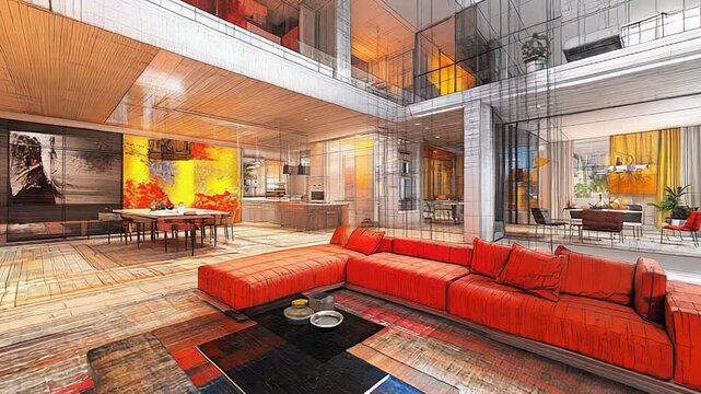 Modern luxury apartment blueprint showing interior design process
