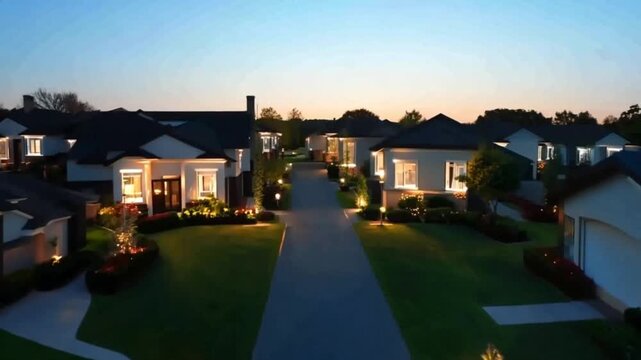 Suburban homes at dusk, pathway, illuminated by lights, residential area, perfect for real estate or design images