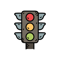 Hand Drawn Traffic Light With Red Yellow And Green Signals On White Background Transportation Symbol