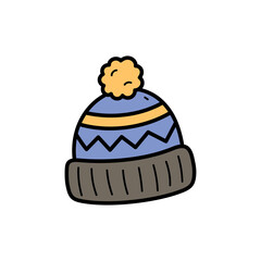 Hand drawn winter beanie hat with a pom pom and zigzag pattern in blue and yellow with a brown brim on a transparent background