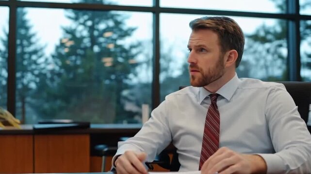 Businessman in office meeting, looking thoughtful, documents on desk