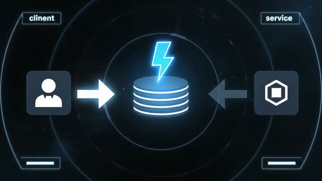 API Gateway: Cache Hit Stable when client traffic splits; the bright path lands on a cache stack crowned by a lightning badge as the dim service path fades, broadcasting latency wins without telemetry