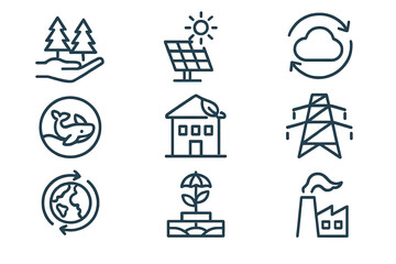 Environmental Impact Icons. Line style icons of environmental impact themes: reforestation project, clean energy investment,